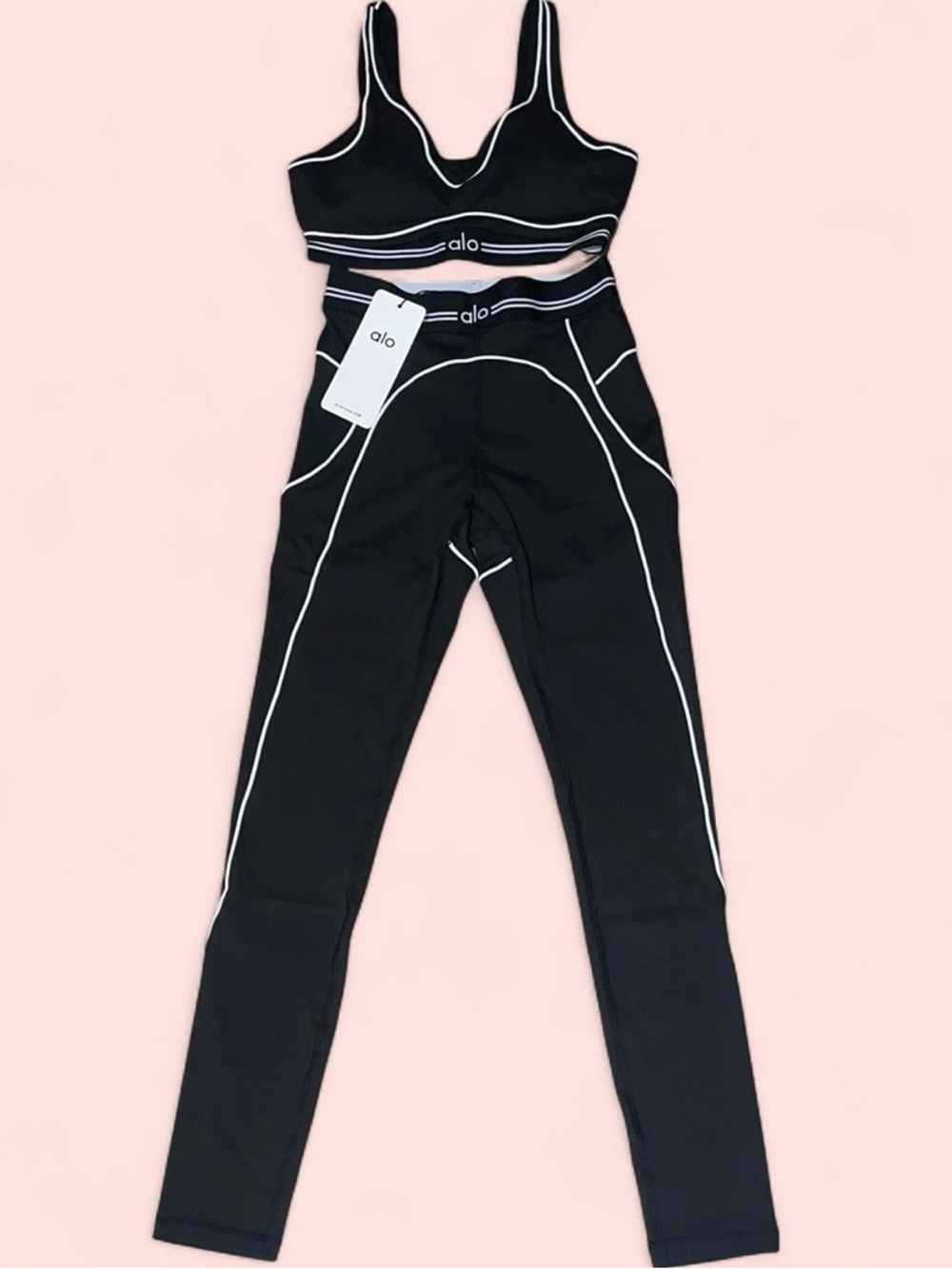 ALO Yoga Black High-Waist Leggings with Matching Sports Bra - White Piping